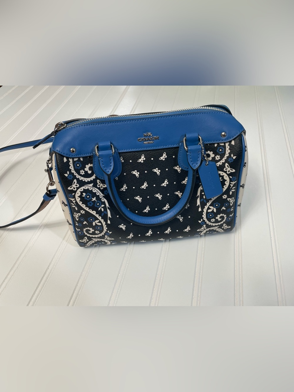 MINI BENNETT SATCHEL IN BUTTERFLY BANDANA PRINT COATED CANVAS SILVER/ BLACK